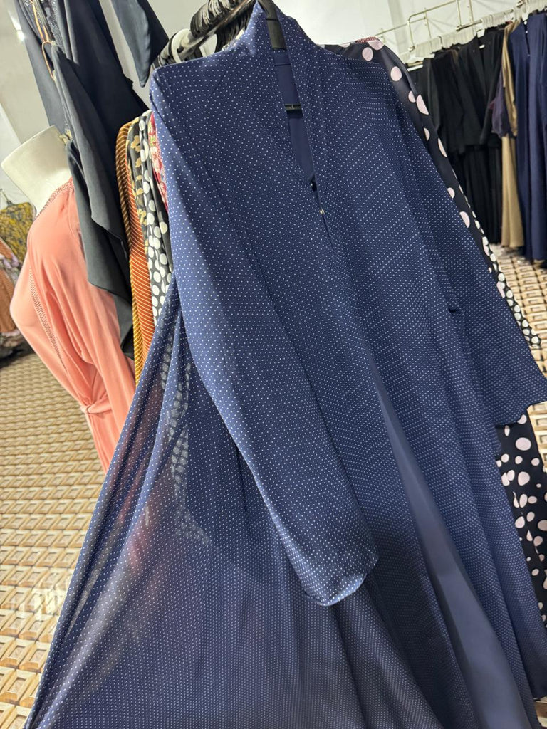 Designer navy blue dotted abaya online - contemporary modest wear with classic polka dot print