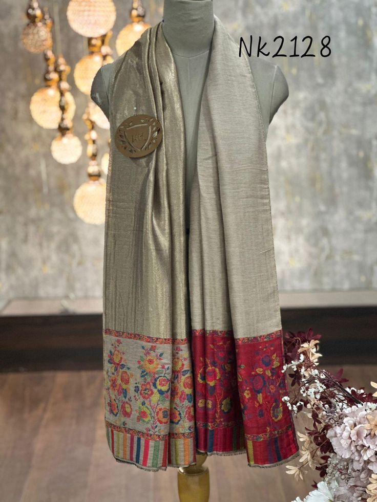 Grey Pashmina Shawl with colorful floral border and traditional embroidered design Premium Pashmina Shawls