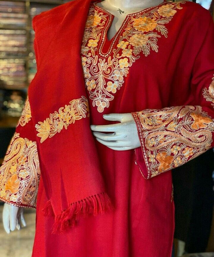 Red Kashmiri Phiran with golden embroidery and Pashmina Shawl  Traditional Kashmiri clothing set