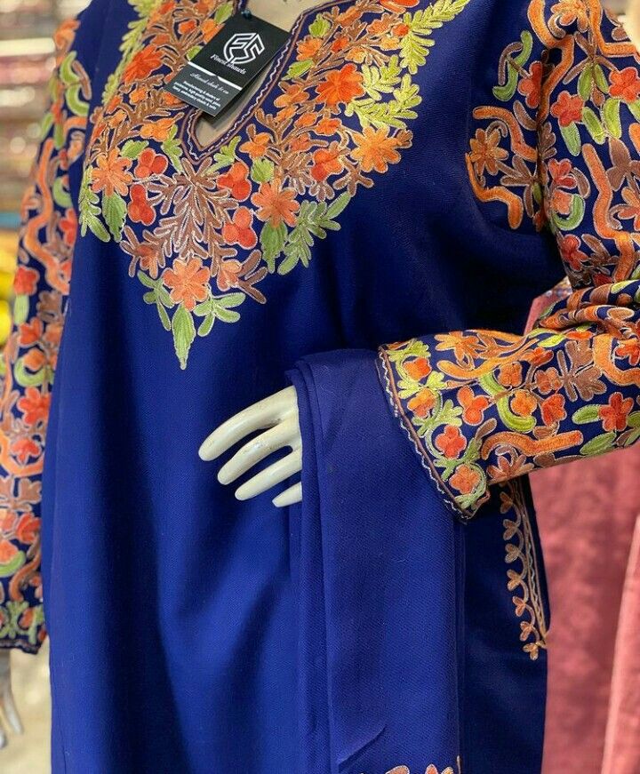 Navy Blue Kashmiri Phiran with vibrant floral embroidery and matching Pashmina Shawl Traditional Kashmiri outfit