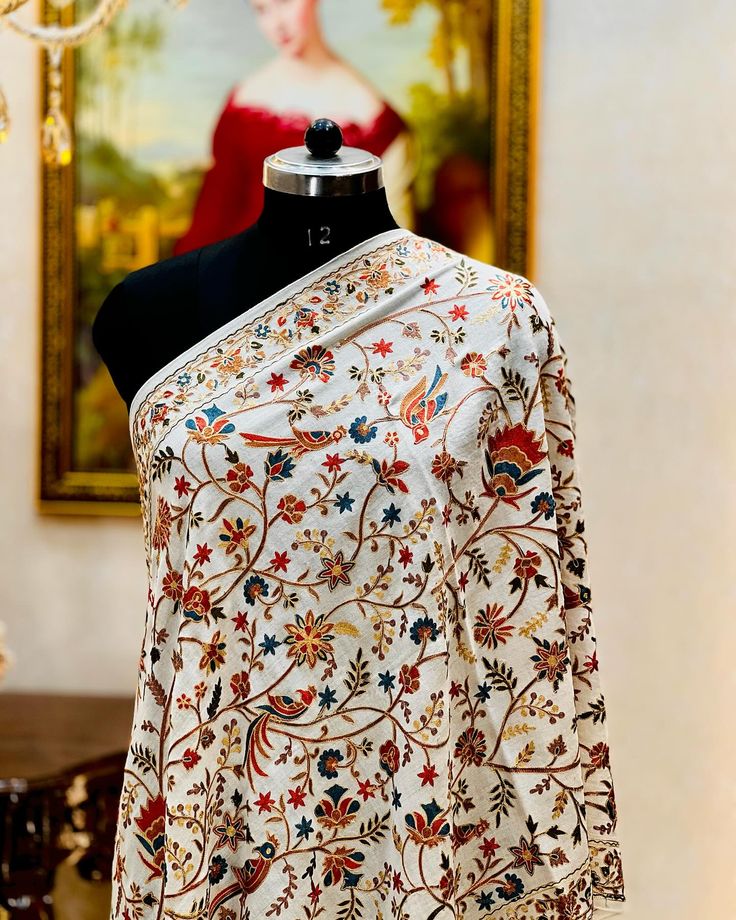 Pure pashmina kalamkari shawl with Shikarga design and fine embroidered border Kashmiri stole for winter
