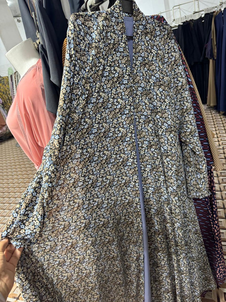 Designer grey abaya online featuring delicate flower print  modest Islamic clothing Pakistan