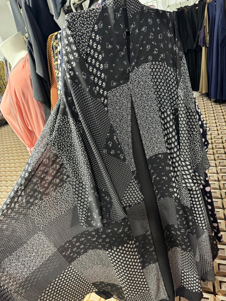 Designer black printed abaya online  contemporary modest wear with geometric and floral patterns