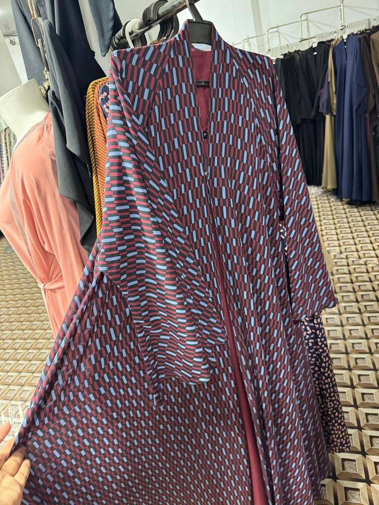 Premium maroon geometric print abaya online  elegant modest dress with multicolor design