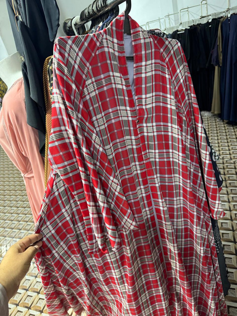 Designer red checkered abaya online  contemporary modest wear with tartan plaid print