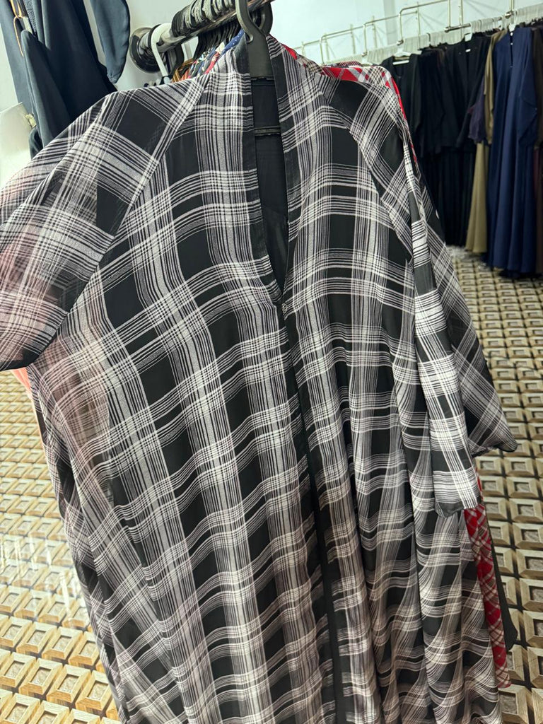 Designer black white checkered abaya online  contemporary modest wear with tartan plaid print